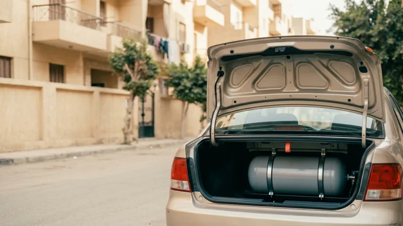 أسطوانة غاز طبيعي مثبتة في شنطة سيارة