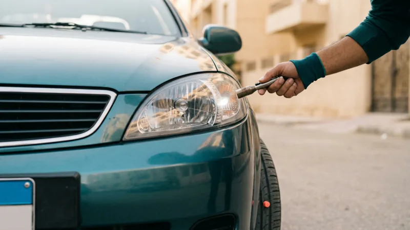 A hand checking a car's headlight and tyre with a small torch before inspection