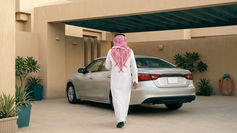 سيارة مركونة أمام منزل وشخص يتجه إليها حاملًا جواله