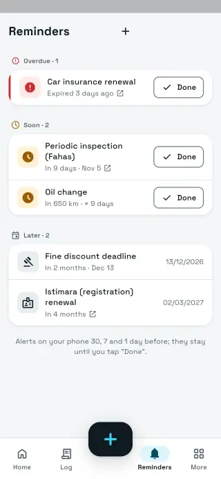 Sayarti+ reminders screen