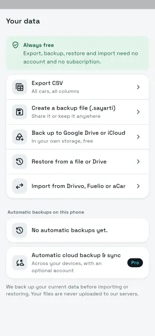 Sayarti+ your data screen: export and backup
