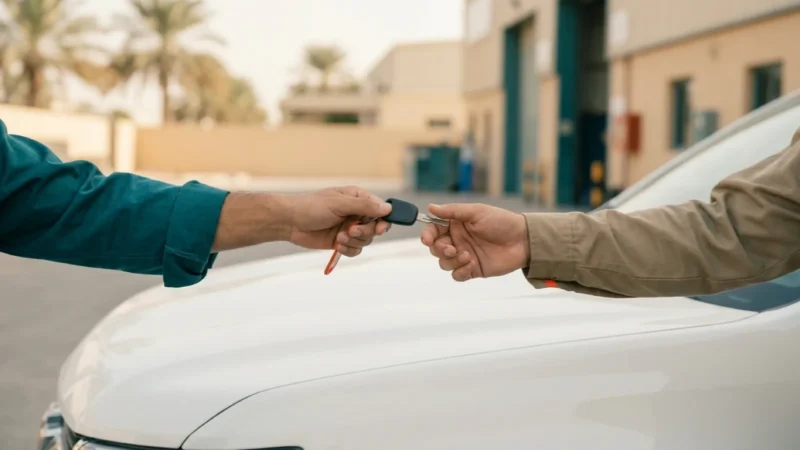 يد تسلّم مفتاح سيارة شركة ليد أخرى فوق غطاء المحرك