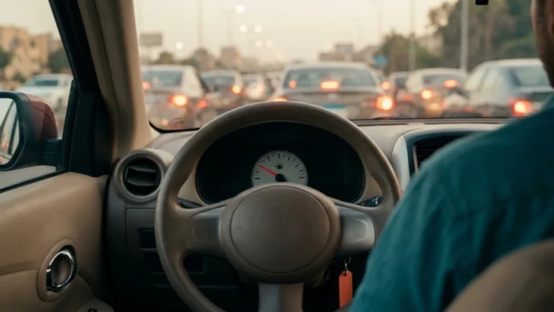 مؤشر الوقود يقترب من الفراغ وزحمة مرورية أمام السيارة