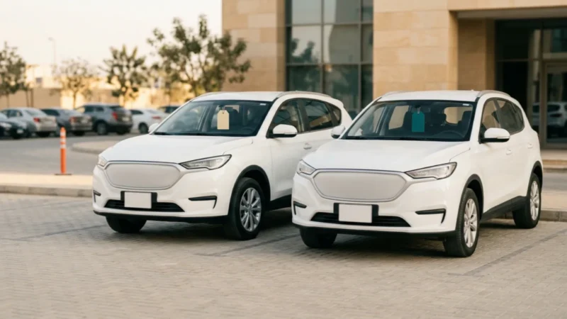 سيارتان بيضاوان متشابهتان متوقفتان جنبًا إلى جنب في موقف شركة